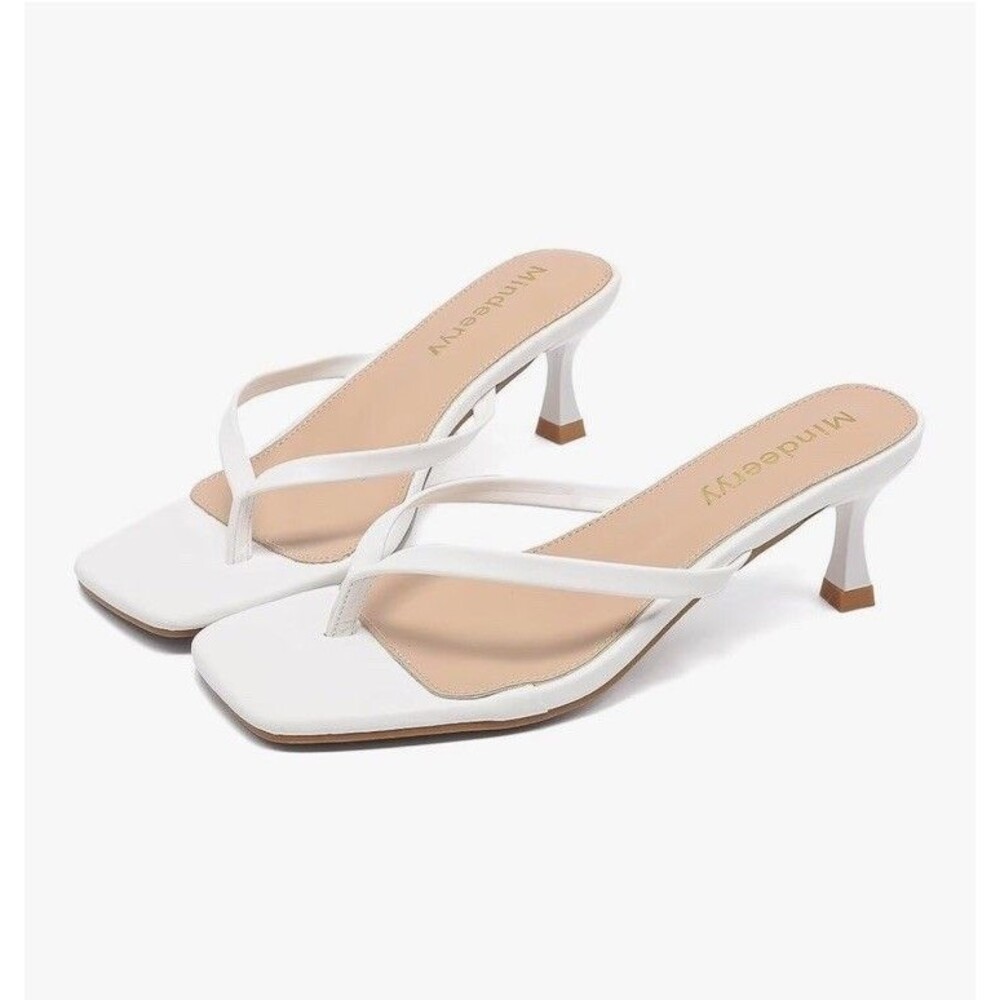 Women's Kitten Heels Flip Flops Square Toe Size 11 Slip On Thong Sandals White - Picture 3 of 16